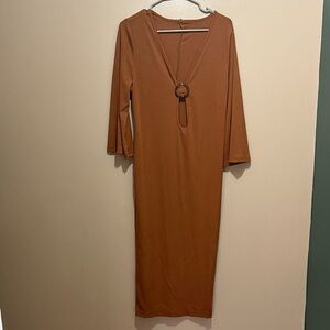 SHEIN Tan Midi Dress with Stylish Ring Accent